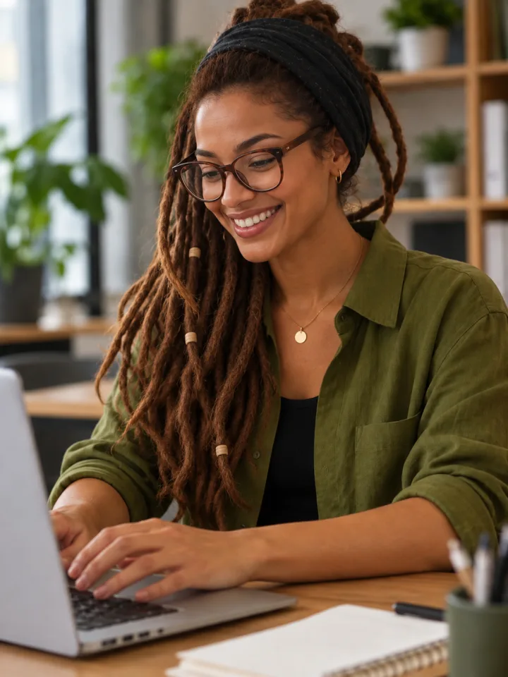 Colaboradora de uniforme sorrindo enquanto assiste a uma aula curta no notebook, numa pausa do trabalho