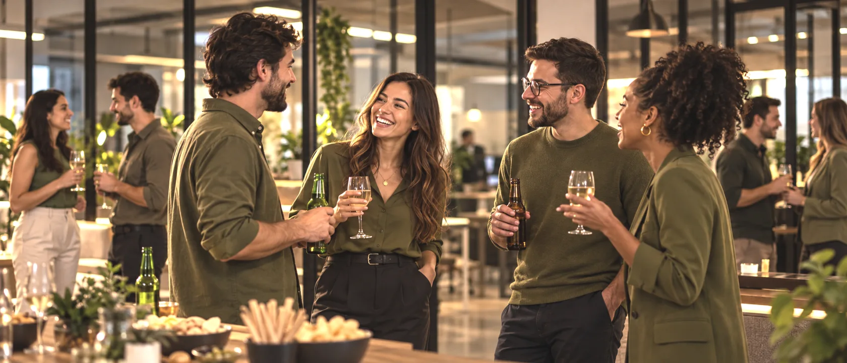 Equipe e parceiros reunidos em frente à sede da empresa