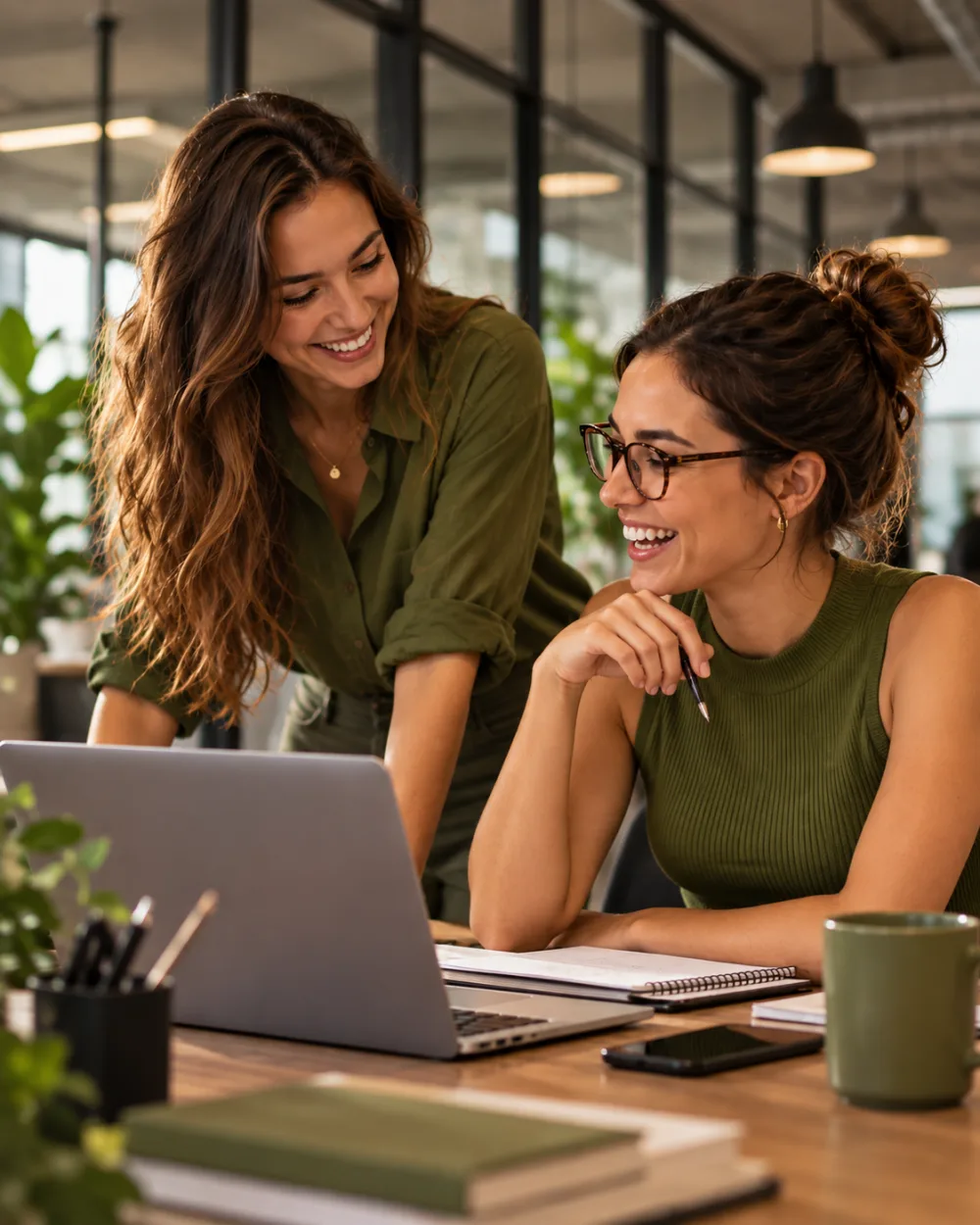 Equipe de uma empresa conversando e rindo em volta de uma mesa, com café e notebooks