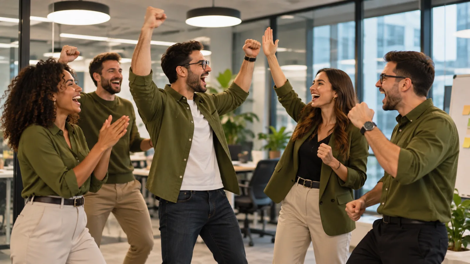 Colegas aplaudindo uma pessoa da equipe numa pequena comemoração no escritório